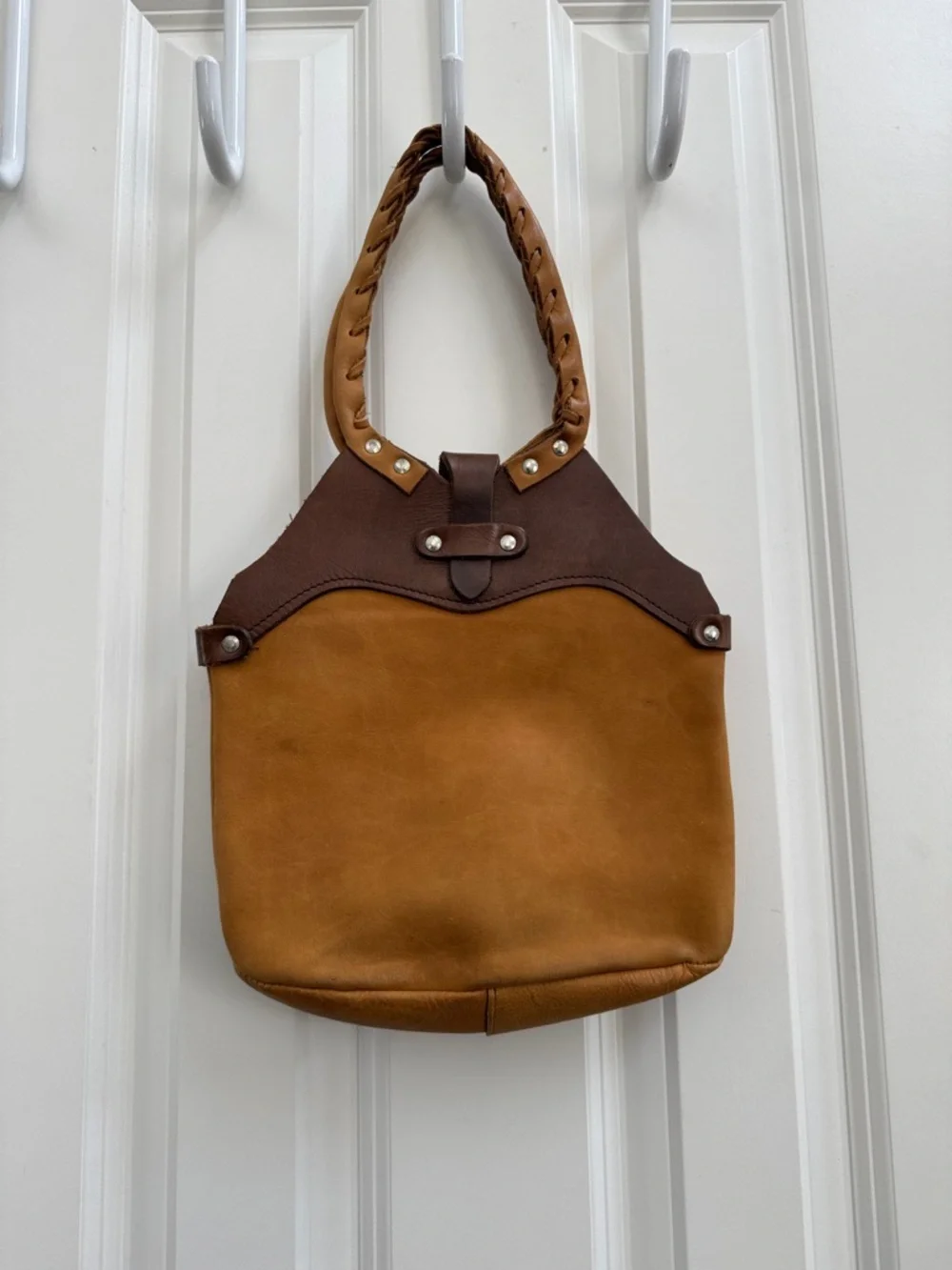 Two-Tone Tan and Dark Brown Braided-Handle Shoulder Bag